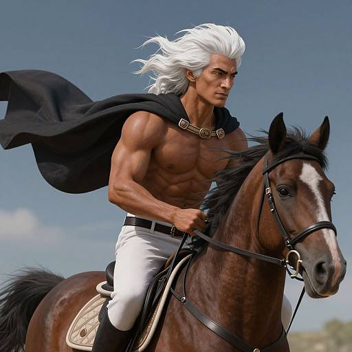 CGI image of a muscular, white-haired man with tan skin riding a brown horse, wearing white pants, black cape, and gold necklace.