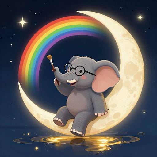 Whimsical Elephant Painting Moonlight Rainbow