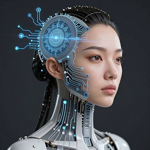 Digital art of an Asian woman with cybernetic enhancements, glowing blue circuitry on her head and neck, against a dark background.