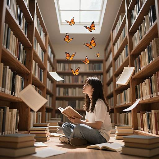 Photograph of a young woman with long black hair, wearing a white shirt and blue jeans, sitting cross-legged in a sunlit library aisle, surrounded