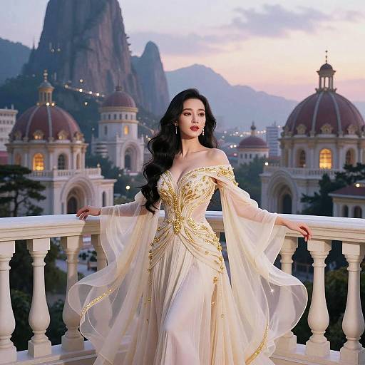Ethereal Asian Woman on Fantasy Balcony