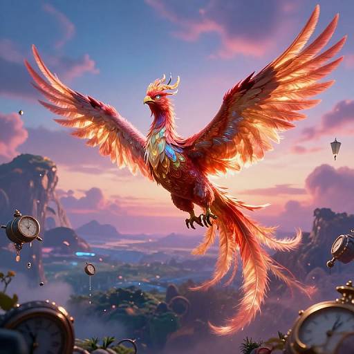 Digital artwork of a vibrant, fiery red phoenix with glowing wings soaring above a fantastical, sunset-lit landscape with floating clocks.