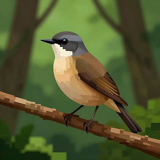 Pixel art of a blue-gray and brown bird with a white chest, perched on a branch in a green forest background.