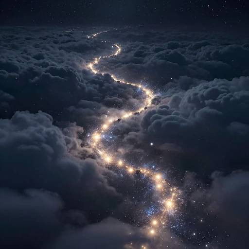 Photographic image of a glowing city skyline seen from above, winding through fluffy, dark blue clouds under a starry night sky.