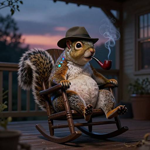 Digital artwork of a wise, anthropomorphic squirrel with a brown hat, smoking a pipe, rocking in a chair on a porch at sunset.