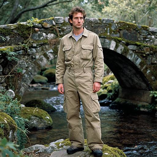 Photograph of a curly-haired man in tan outdoor work clothes standing in front of a moss-covered stone bridge over a flowing stream in a forest.