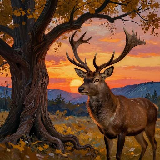 Digital painting of a majestic, brown deer with large antlers standing by a twisted tree at sunset, with vibrant orange and pink sky, autumn leaves,