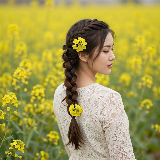 Photograph of an Asian woman with long, braided black hair adorned with yellow flowers, wearing a white lace top, standing in a vibrant yellow flower