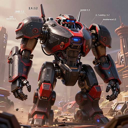 CGI image of a black and red robotic mecha with blue lights, labeled with parts 