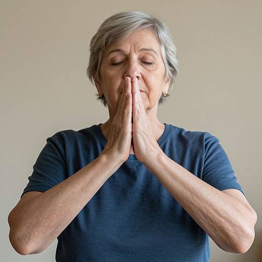 Photograph of an elderly woman with short gray hair, closed eyes, and a navy blue shirt, pressing her hands together in a prayer position against a