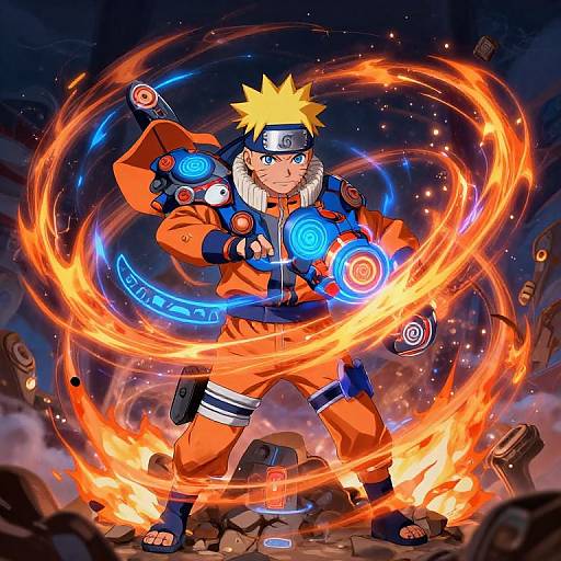 Anime-style digital artwork of Naruto, wearing orange ninja outfit, blue headband, wielding glowing blue and orange energy rings, standing amidst fiery destruction.