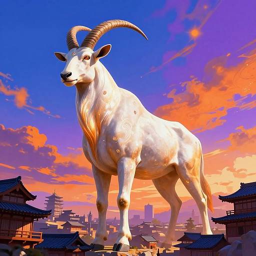 Digital art of a massive white goat with curved horns standing in a traditional Asian village at sunset, vibrant orange and purple sky.