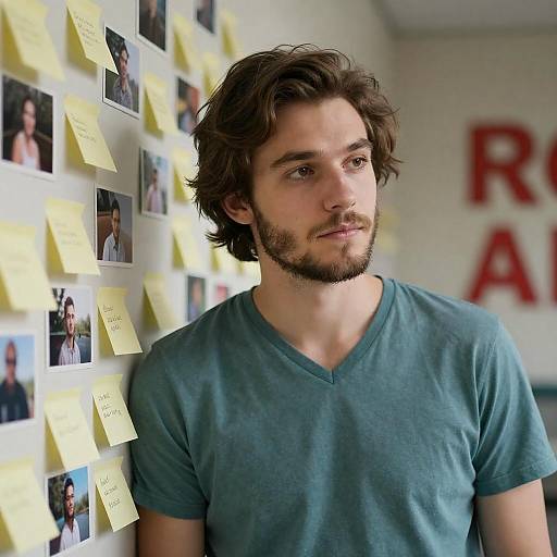 Young Man in Urban Setting with Notes