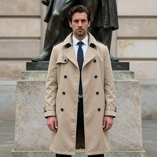 Photograph of a serious-looking man with dark brown hair, wearing a beige double-breasted trench coat, white shirt, and black tie, standing in