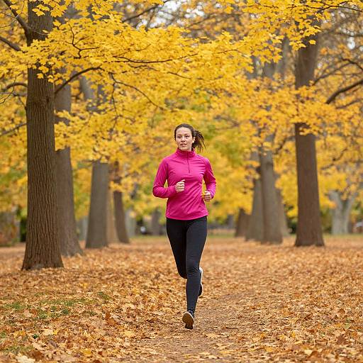 Photograph: Athletic woman with brown hair, wearing pink long-sleeve top and black pants, jogging on a leaf-covered path through a forest with