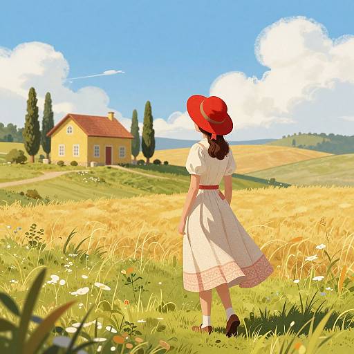 Digital illustration of a woman in a white dress and red hat, standing in a sunlit field, facing a yellow house in the distance. Blue sky