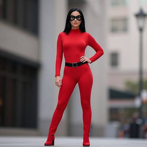 Photograph of a confident woman with black hair, wearing a tight red jumpsuit, black belt, black sunglasses, and red heels, standing in a