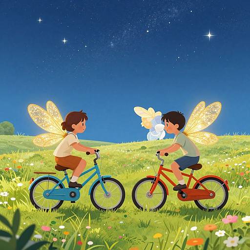 Digital illustration of two children with fairy wings riding bicycles in a colorful meadow at night, with a glowing fairy in the background.