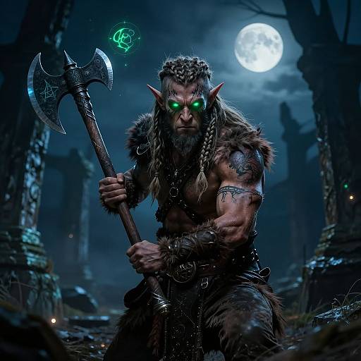 Digital artwork of a muscular, green-eyed, horned orc warrior with braided beard, holding an ornate axe, under a full moon in a