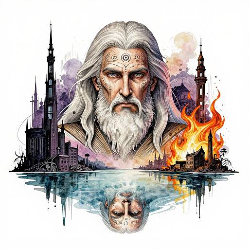 Digital illustration of an elderly, white-haired wizard with a beard, tattoos, and intense expression, surrounded by burning castle and reflected in water.