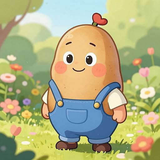 Cute cartoon potato with a red heart on top, wearing blue overalls and a white shirt, standing in a sunny, colorful flower garden. Digital