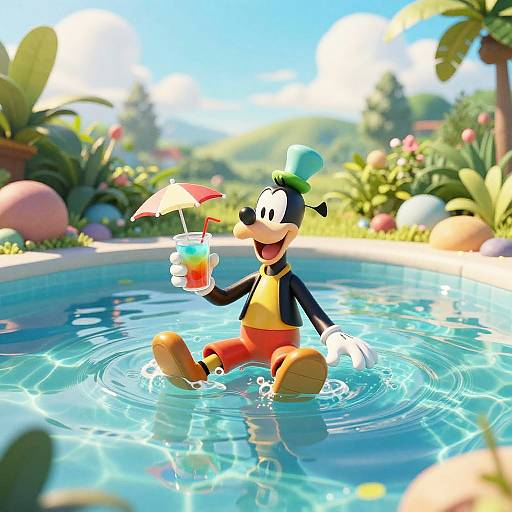 Cartoon dog with green hat and yellow shirt, sitting in a sunny, tropical pool, holding a colorful drink with an umbrella.