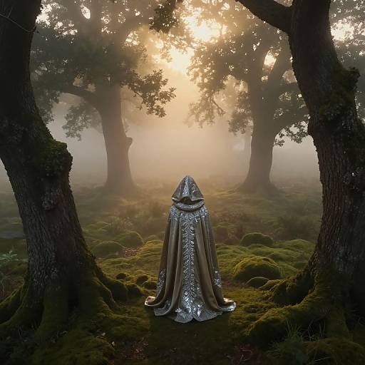 Photograph of a silver, intricately-embellished hooded cloak standing alone in a misty, sunlit forest with moss-covered trees.