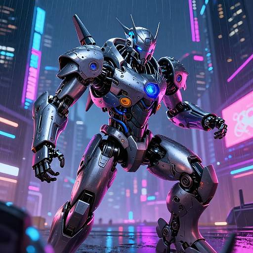 Photorealistic CGI of a futuristic, silver robot with blue and orange lights, standing in a neon-lit, rainy cyberpunk cityscape.