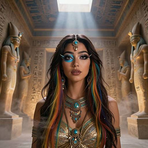 Digital art of a mystical, dark-haired woman with rainbow highlights, adorned in gold and turquoise jewelry, standing in an ancient Egyptian temple with sunbeams