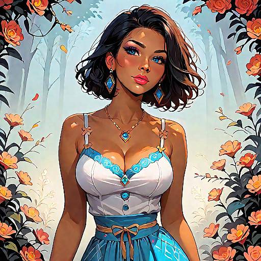 Stylish Woman in Colorful Sundress with Floral Frame