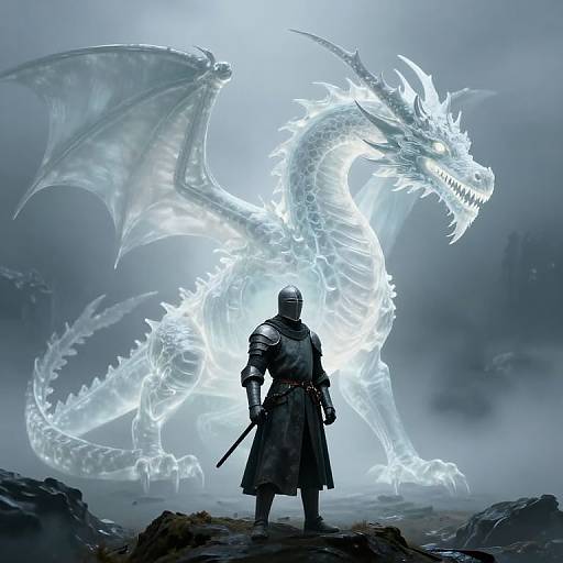 Digital art of a armored warrior with a sword standing before a glowing, ethereal white dragon with massive wings, in a misty, dark landscape.