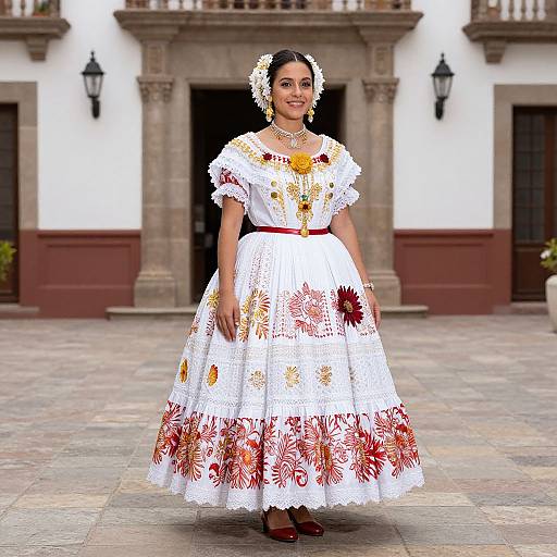Photograph of a smiling woman in a white, floral-patterned traditional Mexican dress, red sash, and red shoes, standing in front of a