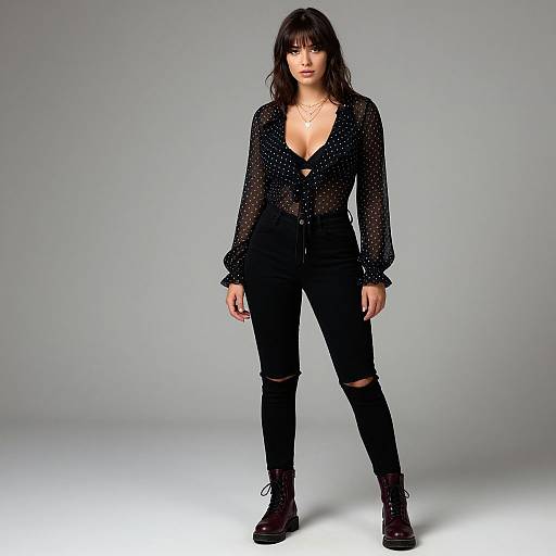 Photograph of a stylish woman with dark hair, wearing a sheer black polka dot blouse, black ripped jeans, and black boots, standing against a