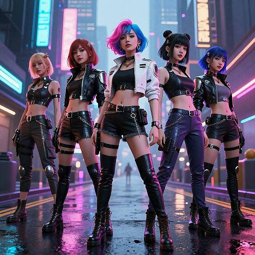 Digital art of five women with punk hairstyles, black leather outfits, and thigh-high boots, standing confidently in a neon-lit, rain-soaked urban