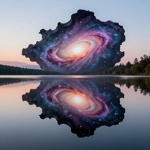 Digital art: A vibrant, galaxy-shaped, spiral nebula with starry edges, reflected perfectly on a calm lake at dawn, surrounded by forest.