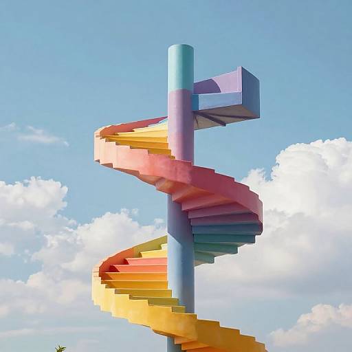 Colorful 3D spiral staircase against a bright blue sky with white clouds, featuring vibrant rainbow-like steps in a digital CGI style.
