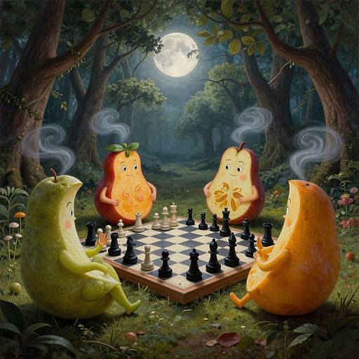 Digital illustration of anthropomorphic fruits playing chess under a full moon in a mystical forest, with two pears, a banana, and a peach. Steam