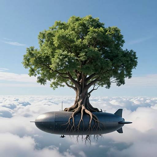 Photorealistic CGI: Tree with sprawling roots grows from the middle of a floating, vintage airship above a cloudy sky.