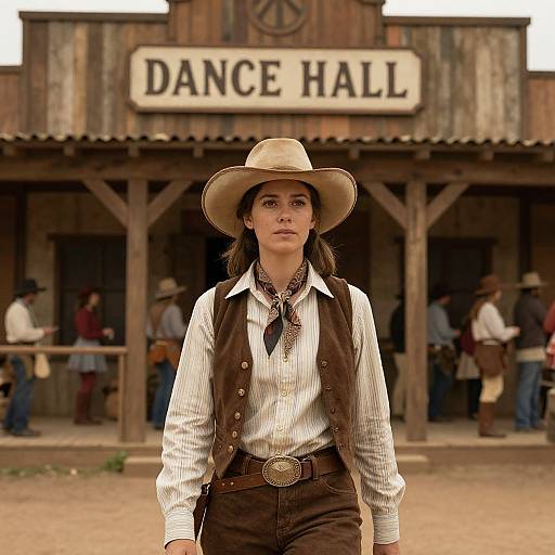 Photograph of a serious woman in a cowboy hat, white shirt, brown vest, and pants, standing in front of 