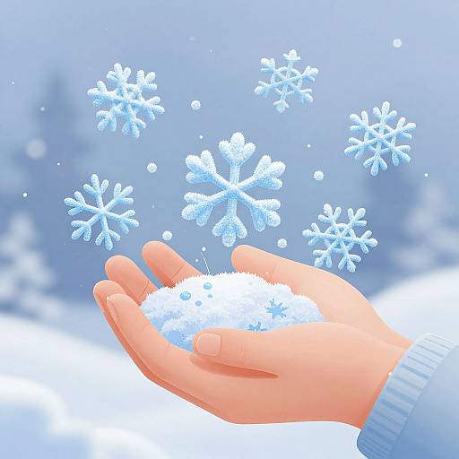 Digital illustration of a hand holding snowflakes, with glowing blue snowflakes floating above, set against a snowy, blurred winter background.