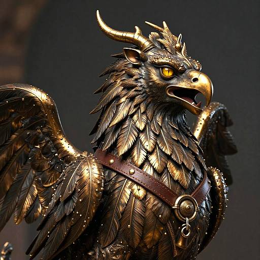 Digital artwork of a golden, armored griffon with glowing yellow eyes, sharp beak, and detailed feathers, wearing a leather harness with metal rings