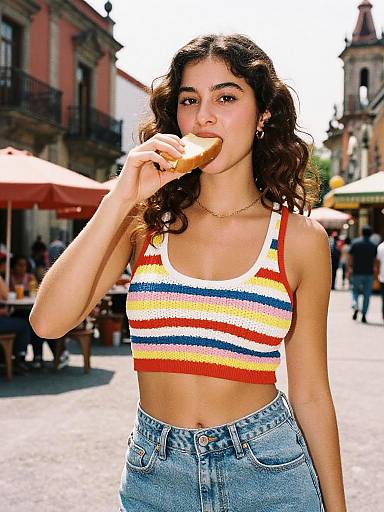 Photograph of a young woman with wavy dark hair, wearing a colorful striped crop top and high-waisted jeans, eating a sandwich in a