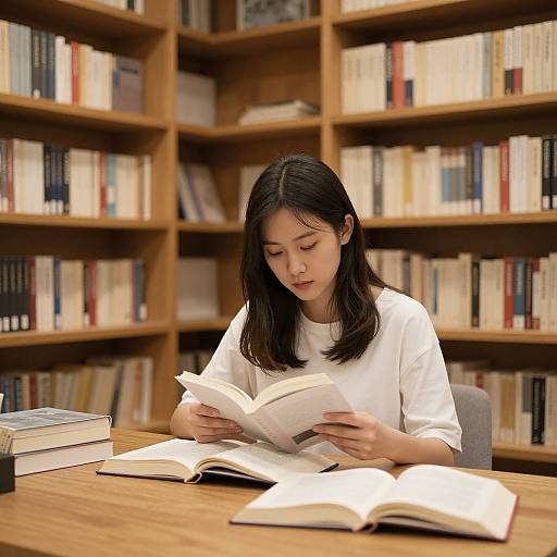 Photograph of an Asian woman with straight black hair, wearing a white sweater, reading multiple open books at a wooden library table, surrounded by booksh