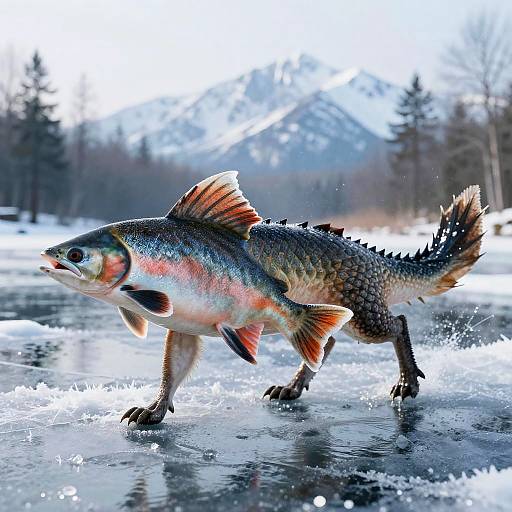 Photograph of a vibrant, rainbow-colored brook trout with orange fins, leaping out of icy water in a snowy forest landscape.