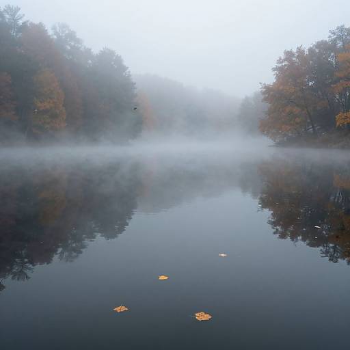 Photograph of a misty lake reflecting autumn trees with fog, scattered yellow leaves, and calm water, creating a serene, mirror-like effect.