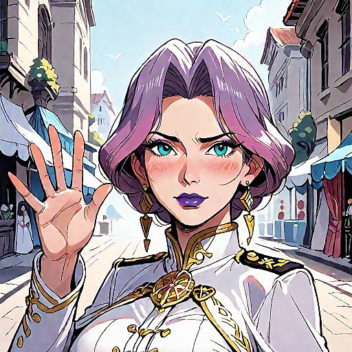 Anime Style Mature Female in Military Uniform Waving