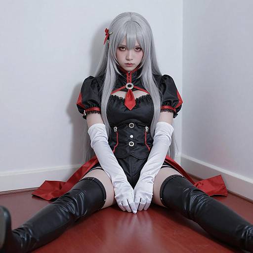 Cosplayer with Silver Hair in Black Red Outfit