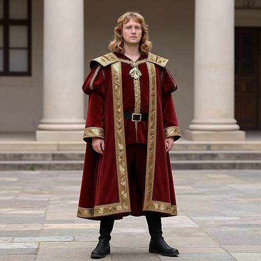 Photograph of a young man with long, wavy blonde hair in a rich red and gold medieval-style robe, standing in front of classical white columns