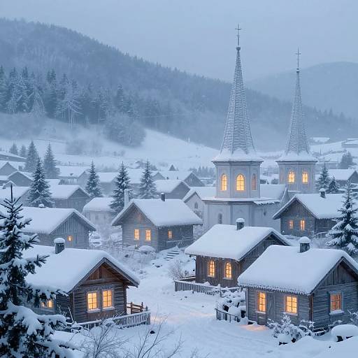 Photograph of a snowy, Nordic village at dusk with lit wooden houses, two spired church towers, and snow-covered evergreen trees.