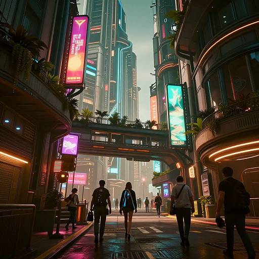 Cyberpunk city street at dusk, vibrant neon signs, futuristic skyscrapers, diverse pedestrians, illuminated underpass, glowing advertisements, digital art style